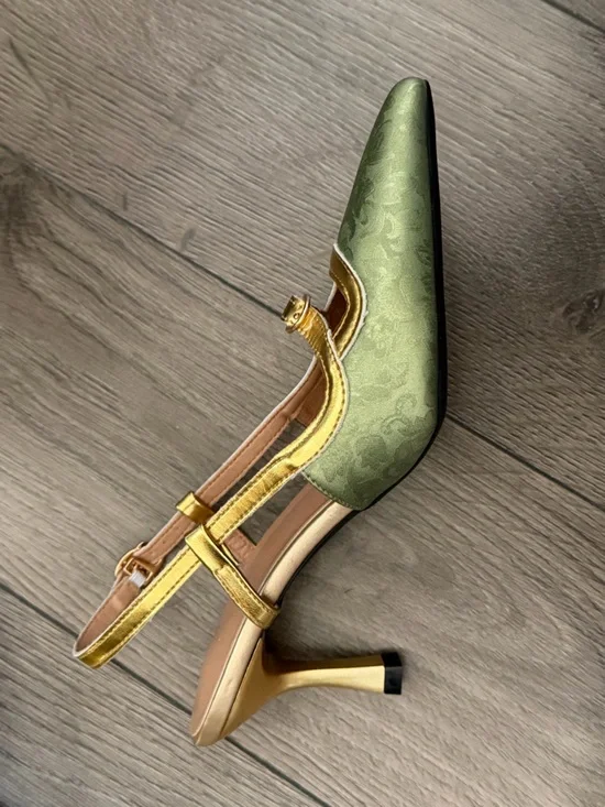 Green Satin Pointed Toe Slingback Heels with Gold Trim - Picture 3 of 3
